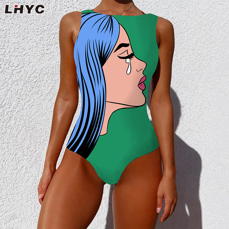 一件泳衣个性抽象印花露背无袖泳装女