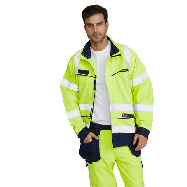 男式荧光绿色安全反光 Hi-Vis 表带夹克雨衣工作服