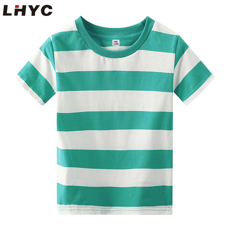  绿色和白色 100% 纯棉儿童服装短袖男孩 T 恤儿童条纹圆领 T 恤