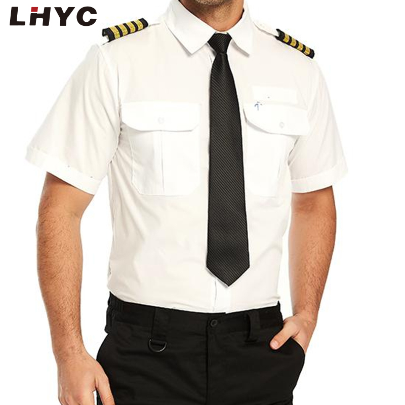 白色经典纯色短袖男式飞行员制服衬衫带肩章航空公司飞行员制服