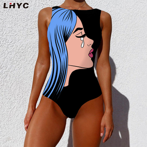 一件泳衣个性抽象印花露背无袖泳装女