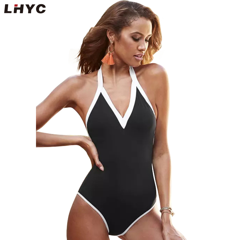 性感纯色可拆卸加垫露背系带连体泳衣泳衣套装