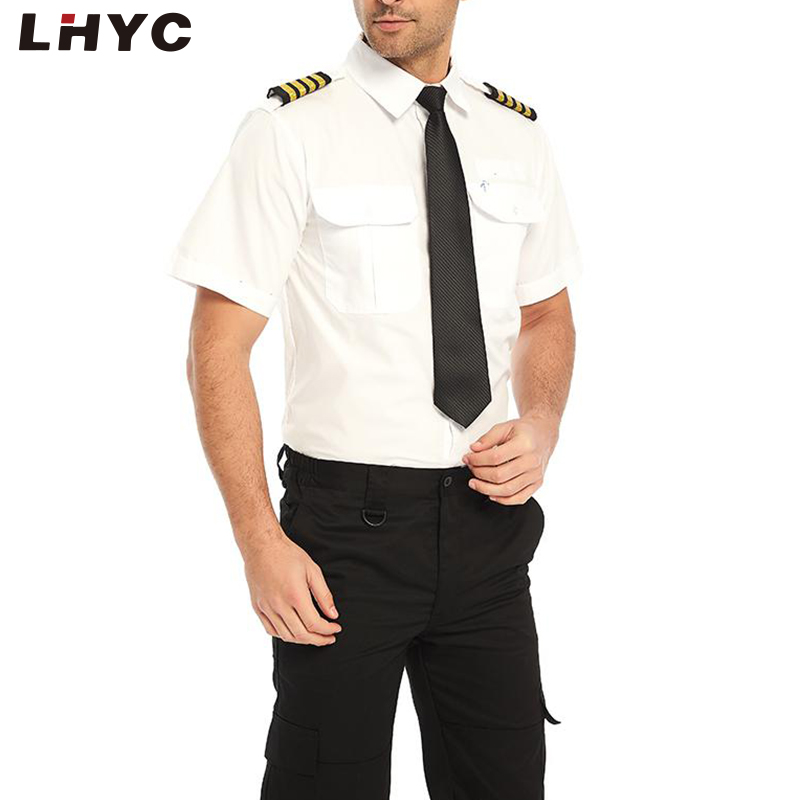 白色经典纯色短袖男式飞行员制服衬衫带肩章航空公司飞行员制服